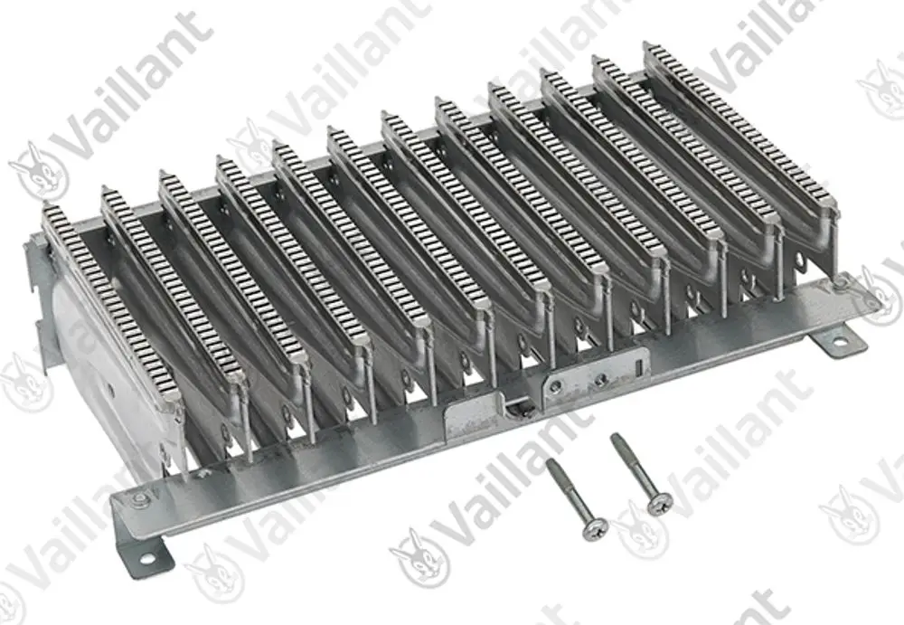 Vaillant Kammergruppe mit mehreren Metallrippen, montiert auf einer stabilen Basis, inklusive zwei Schrauben. Geeignet für spezifische Heizsystemanwendungen.